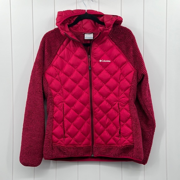 Columbia Jackets & Blazers - Columbia Hybrid Techy Puffer Jacket Hooded Fleece Quilted Red W/Pockets Large